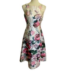 ADRIANNA PAPELL Size 6 Floral Brocade Lined Pleated Midi Evening Dress